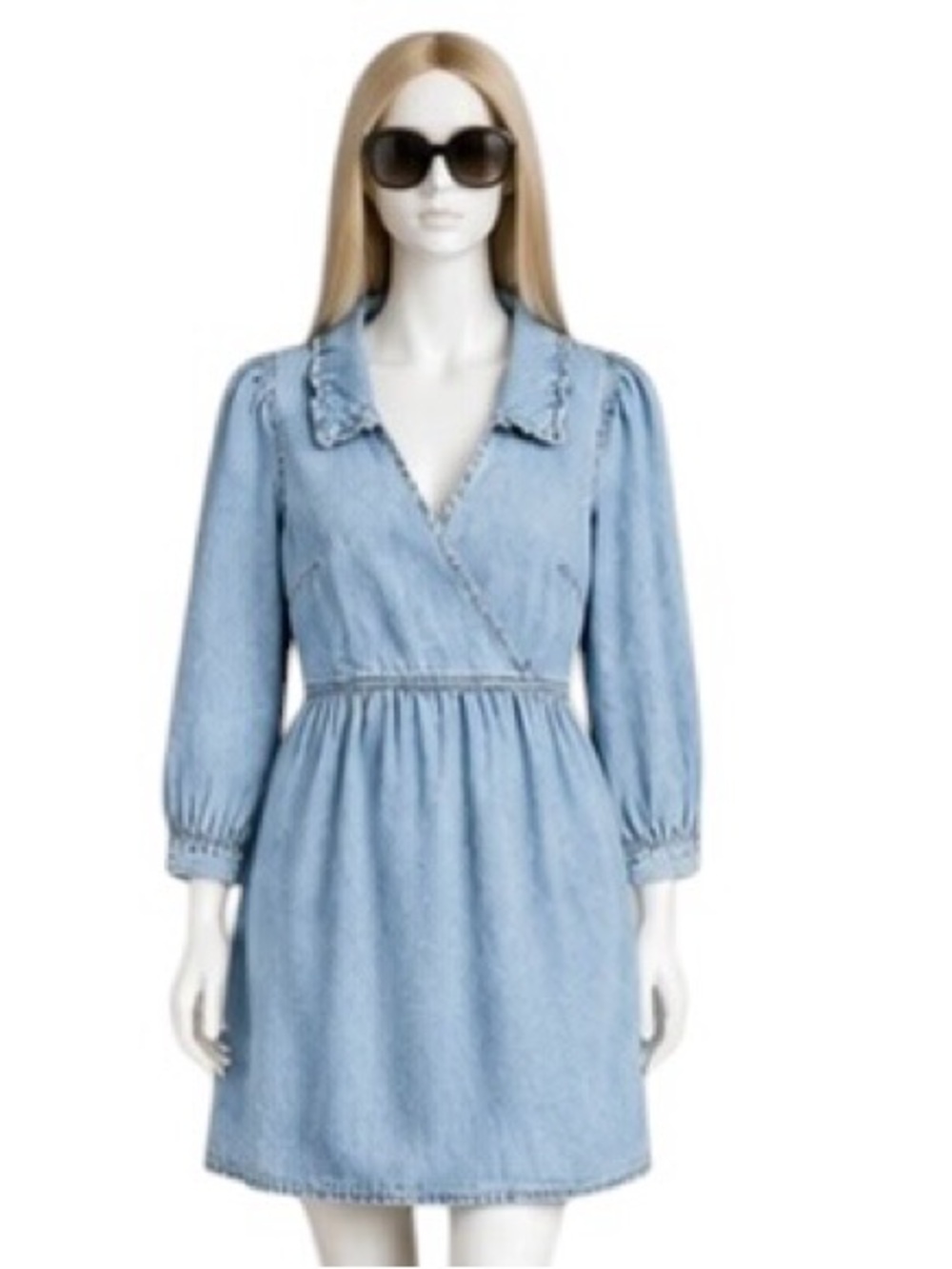 Madewell Babydoll Mini Denim Puff Sleeve Faux-Wrap Dress Ruffle Collar Size M